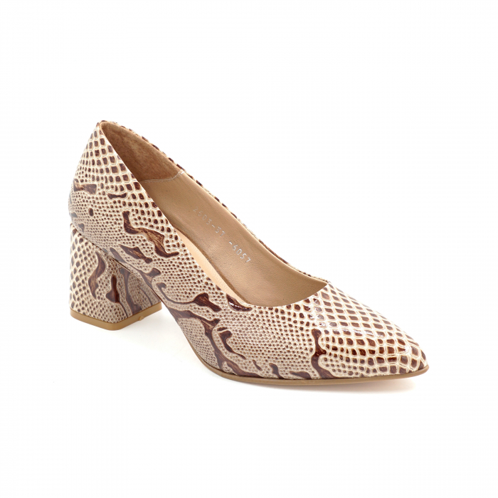 Pantofi dama din piele naturala cu imprimeu lacuit maro cu varf ascutit stiletto si toc mic gros imbracat 6 cm 6057-6-25 [2]