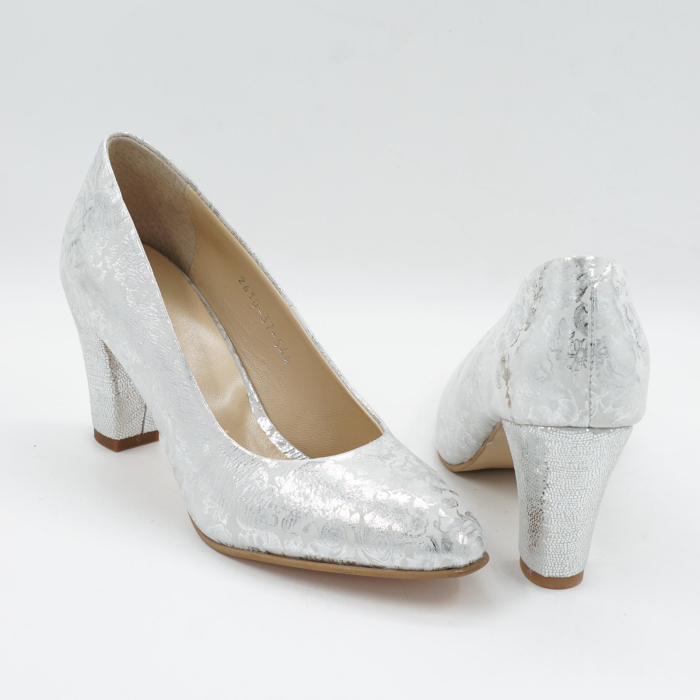 Pantofi dama din piele naturala argintie, cu varf ascutit si toc mediu gros imbracat de 7 cm 0449-4-26 [5]