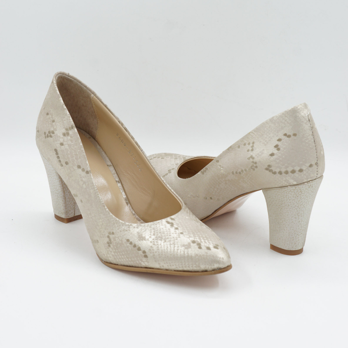 Pantofi dama din piele naturala aurie, cu varf ascutit si toc mediu gros imbracat de 7 cm 0449-3-26 [4]