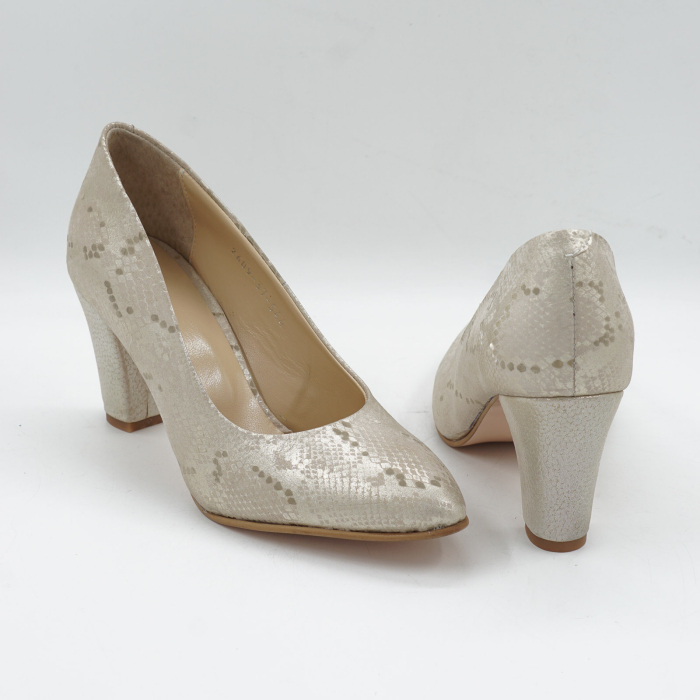 Pantofi dama din piele naturala aurie, cu varf ascutit si toc mediu gros imbracat de 7 cm 0449-3-26 [5]