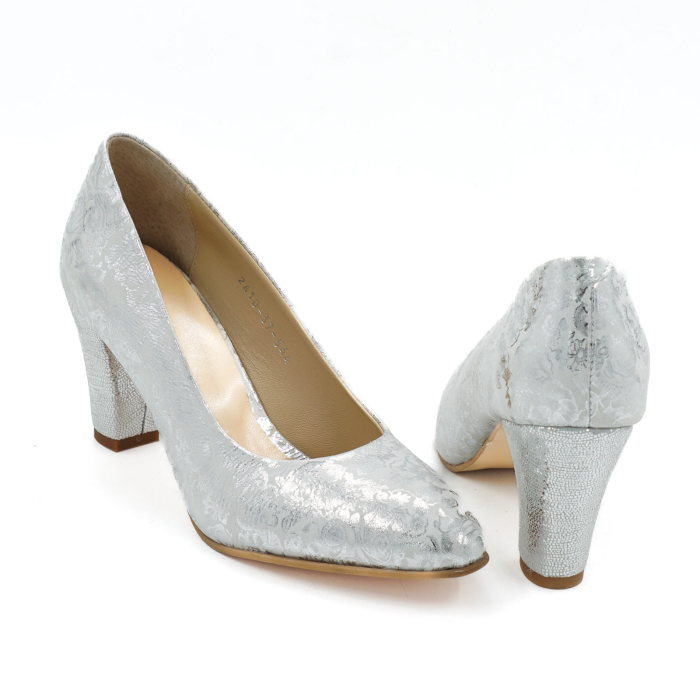 Pantofi dama din piele naturala argintie, cu varf ascutit si toc mediu gros imbracat de 7 cm 0449-4-26 [5]