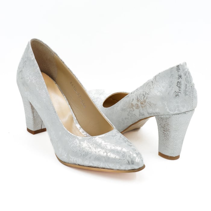 Pantofi dama din piele naturala argintie, cu varf ascutit si toc mediu gros imbracat de 7 cm 0449-4-26 [4]