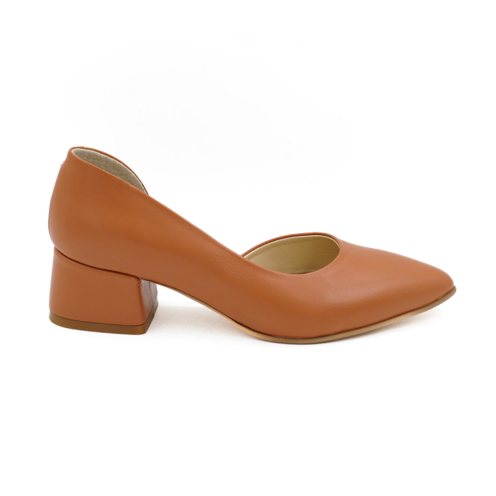Pantofi dama din piele naturala maro coniac cu varf ascutit stiletto si toc mic gros imbracat 4 cm 53024-1-26 [2]