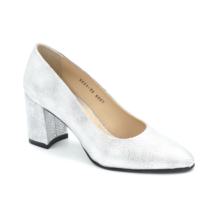 Pantofi dama din piele naturala argintie cu varf ascutit si toc mic gros imbracat de 6 cm 0700-25 [2]