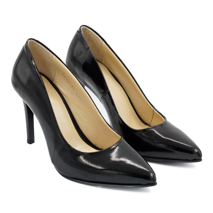 Pantofi dama din piele naturala lacuita neagra, cu varf ascutit stiletto si toc inalt subtire 9 cm 9557-15-26 [3]