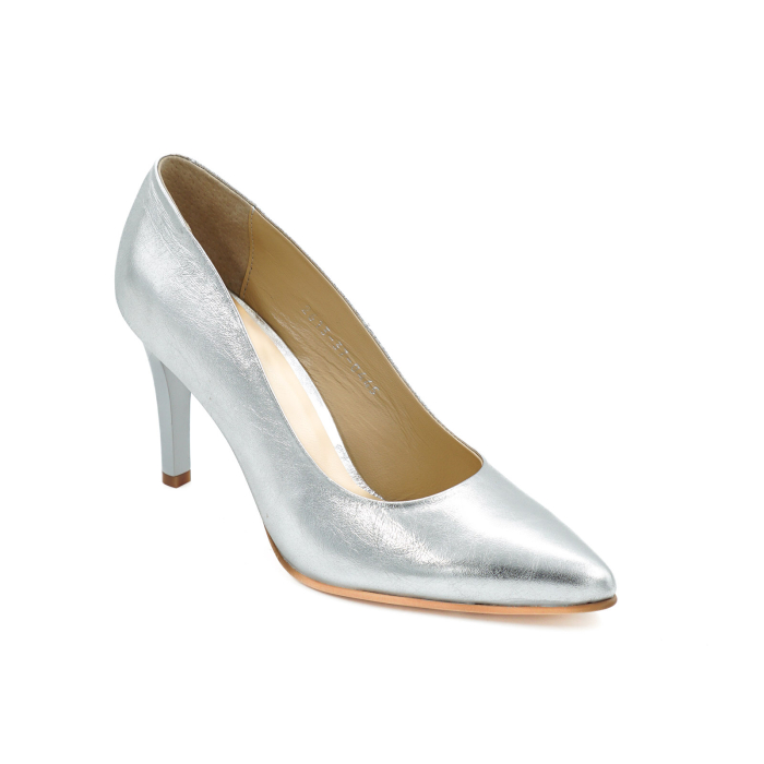 Pantofi dama din piele naturala argintie, cu varf ascutit stiletto si toc mediu subtire de 8 cm 0445-1-26 [2]