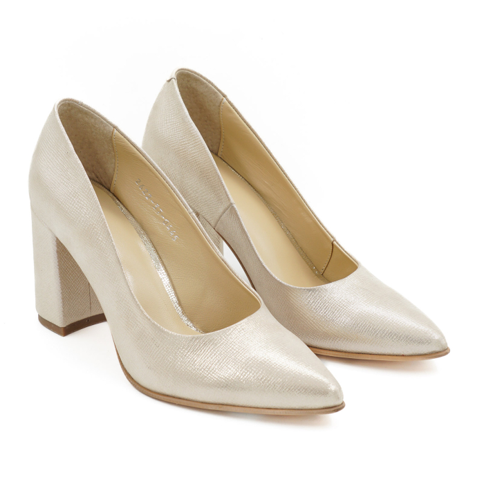 Pantofi dama din piele naturala roz pudra sidefat, cu varf ascutit stiletto si toc mediu gros imbracat de 8 cm 0445-4-26 [3]
