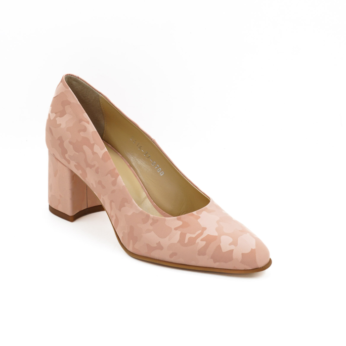 Pantofi dama din piele naturala nude roze cu imprimeu militar, cu varf ascutit si toc mic gros imbracat de 6 cm 0700-10-26 [2]