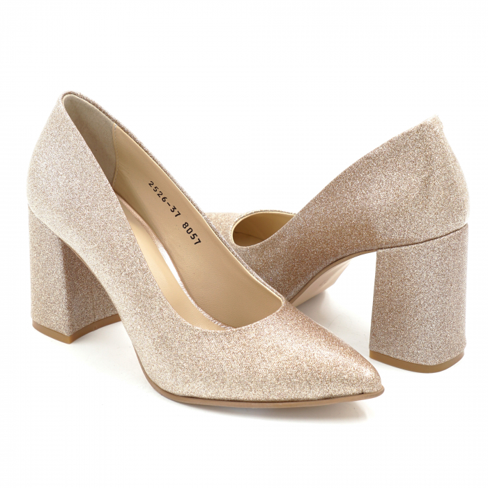 Pantofi dama din piele naturala glitter aurie cu varf ascutit stiletto si toc mediu gros imbracat 8 cm 8057-9-25 [4]