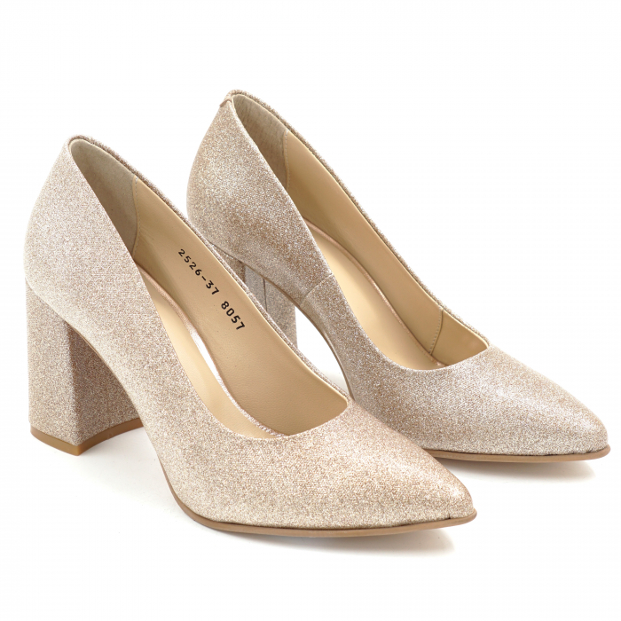 Pantofi dama din piele naturala glitter aurie cu varf ascutit stiletto si toc mediu gros imbracat 8 cm 8057-9-25 [3]