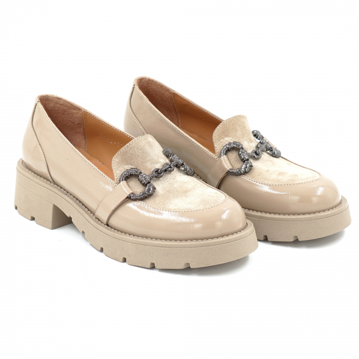 Pantofi dama casual loafers din piele naturala lacuita cappucino cu varf rotund si talpa de 3 cm 63920-25 [3]