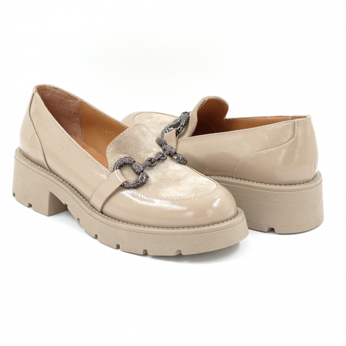 Pantofi dama casual loafers din piele naturala lacuita cappucino cu varf rotund si talpa de 3 cm 63920-25 [4]