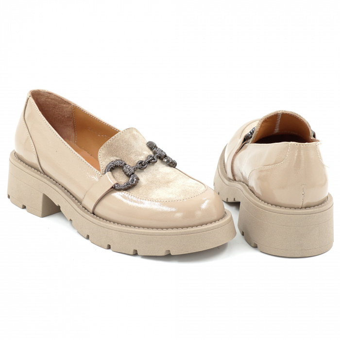 Pantofi dama casual loafers din piele naturala lacuita cappucino cu varf rotund si talpa de 3 cm 63920-25 [5]