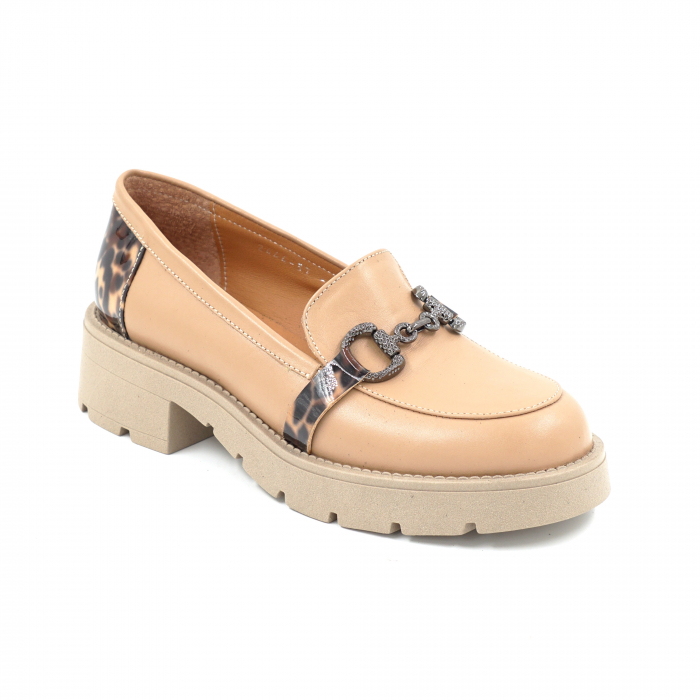 Pantofi dama casual loafers din piele naturala maro deschis si lacuita cu imprimeu animal print, cu varf rotund si talpa 4 cm 53025-25 [2]