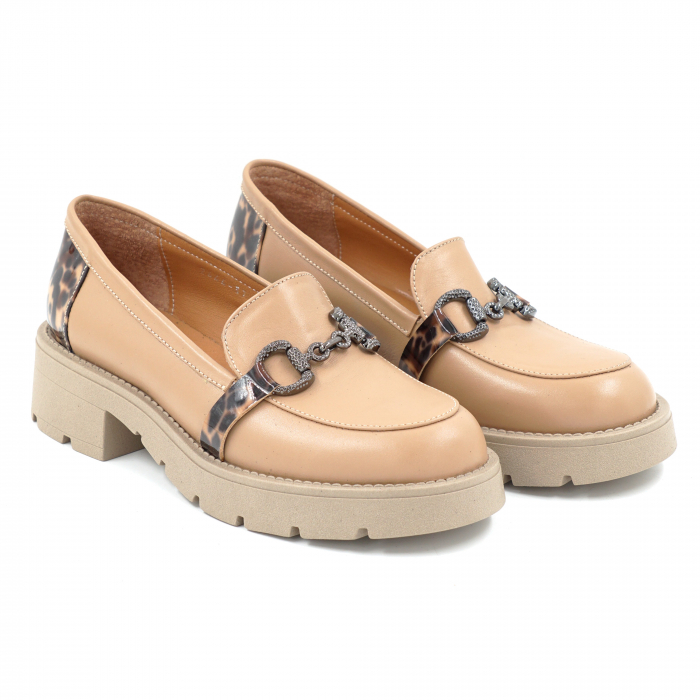 Pantofi dama casual loafers din piele naturala maro deschis si lacuita cu imprimeu animal print, cu varf rotund si talpa 4 cm 53025-25 [4]