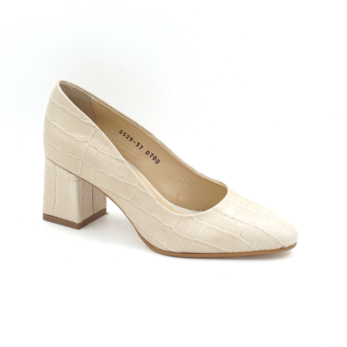 Pantofi dama din piele naturala croco bej cu varf ascutit si toc mic gros imbracat de 6 cm 0700-2-25 [2]