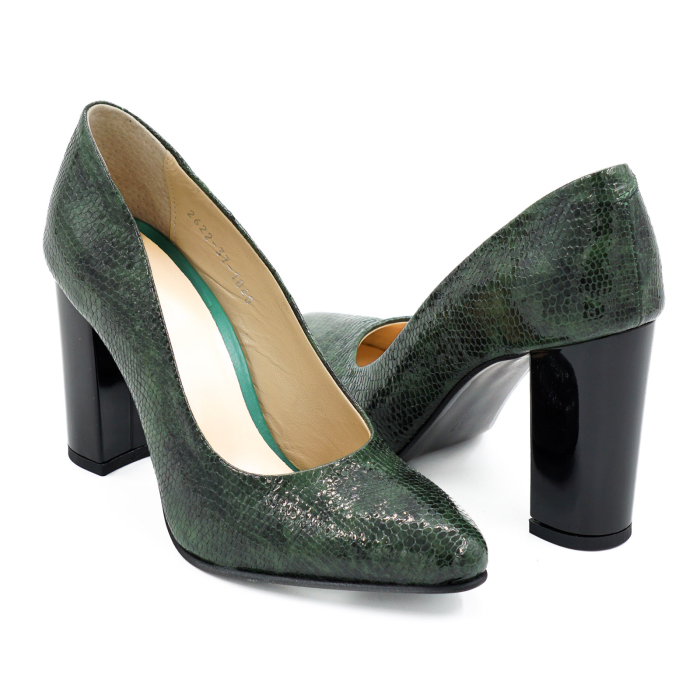 Pantofi dama din piele naturala lacuita croco verde, cu varf ascutit si toc inalt gros imbracat de 9 cm 1040-26 [4]
