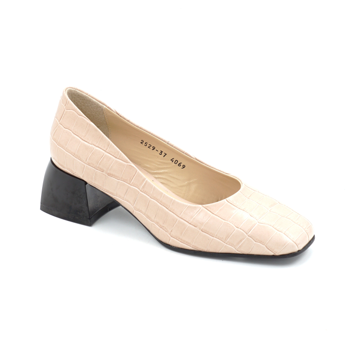 Pantofi dama din piele naturala croco bej cu varf patrat si toc mic gros de 4 cm 4069-3-25 [3]