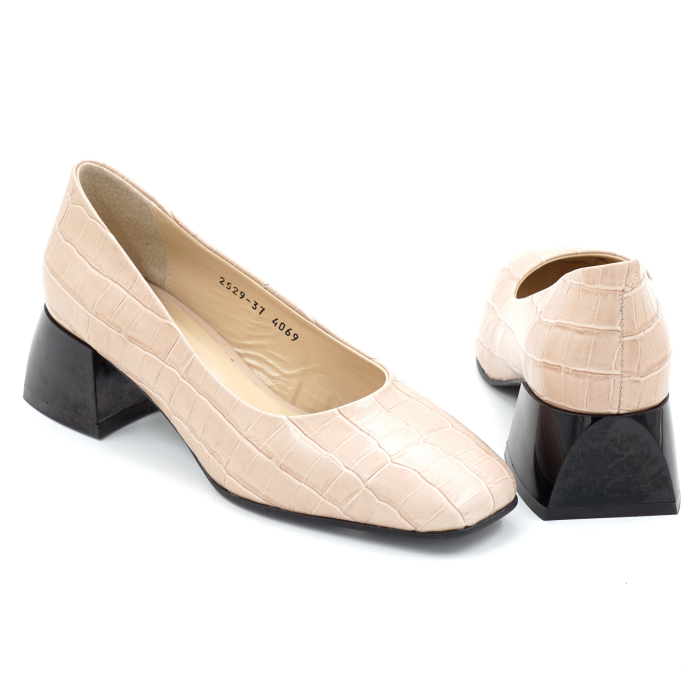Pantofi dama din piele naturala croco bej cu varf patrat si toc mic gros de 4 cm 4069-3-25 [2]