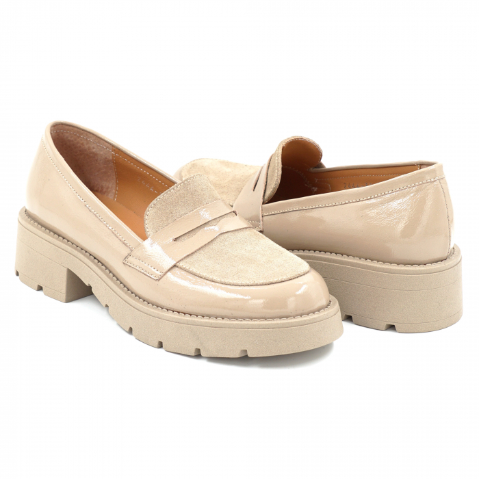 Pantofi dama casual loafers din piele naturala lacuita si intoarsa cappucino cu varf rotund si talpa de 3 cm 50325-25 [4]