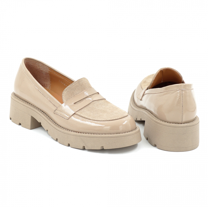 Pantofi dama casual loafers din piele naturala lacuita si intoarsa cappucino cu varf rotund si talpa de 3 cm 50325-25 [5]
