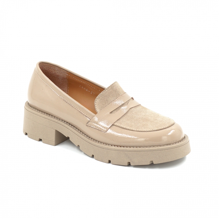 Pantofi dama casual loafers din piele naturala lacuita si intoarsa cappucino cu varf rotund si talpa de 3 cm 50325-25 [2]