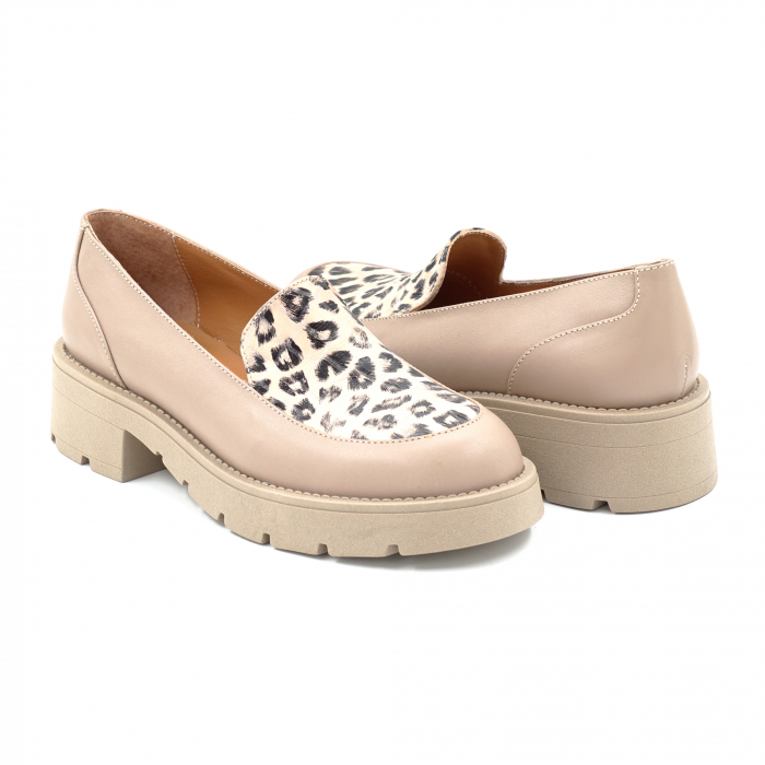 Pantofi dama casual loafers din piele naturala bej si cu imprimeu animal print cu varf rotund si talpa de 3 cm 63620-25 [4]
