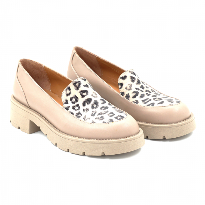 Pantofi dama casual loafers din piele naturala bej si cu imprimeu animal print cu varf rotund si talpa de 3 cm 63620-25 [3]