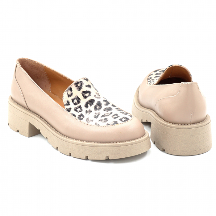 Pantofi dama casual loafers din piele naturala bej si cu imprimeu animal print cu varf rotund si talpa de 3 cm 63620-25 [5]