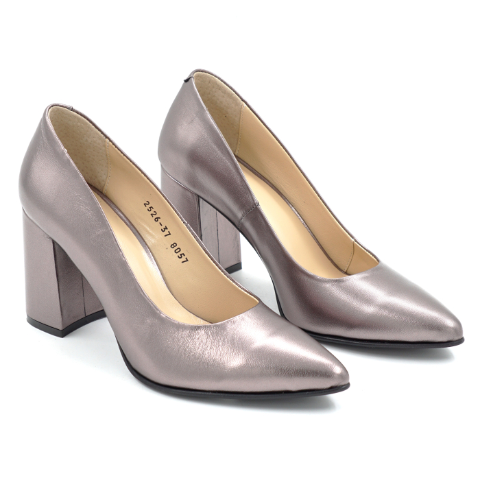 Pantofi dama din piele naturala bronz metalizat cu varf ascutit stiletto si toc mediu gros imbracat  de 8 cm 8057-14-25 [3]
