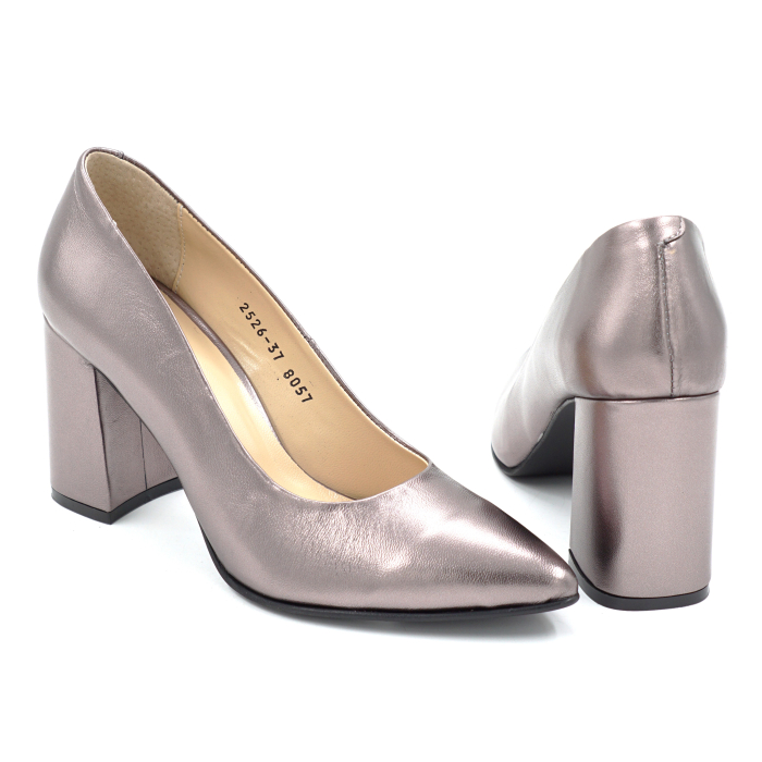 Pantofi dama din piele naturala bronz metalizat cu varf ascutit stiletto si toc mediu gros imbracat  de 8 cm 8057-14-25 [5]