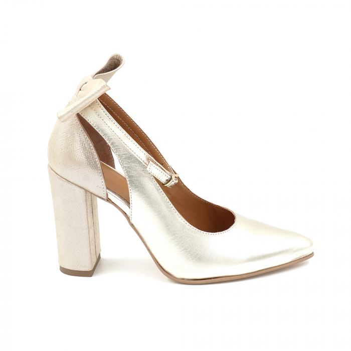 Pantofi dama din piele naturala aurie cu varf ascutit stiletto si toc inalt gros imbracat 9 cm 50719-25 [4]