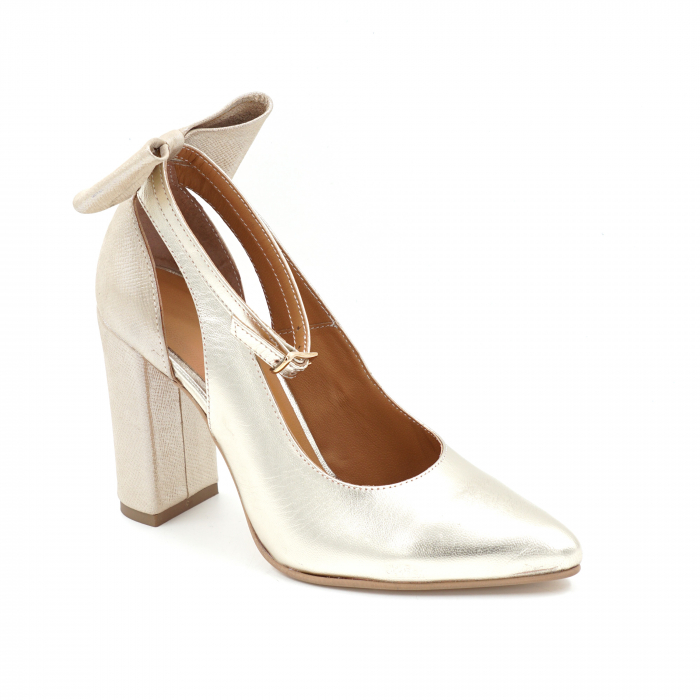 Pantofi dama din piele naturala aurie cu varf ascutit stiletto si toc inalt gros imbracat 9 cm 50719-25 [5]
