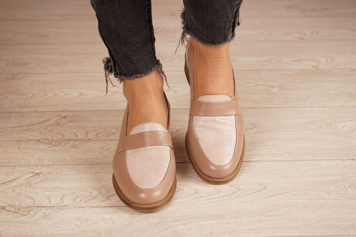 Pantofi dama casual loafers din piele naturala nude roze si cu imprimeu cu varf rotund si talpa 2 cm  58120-20 [3]
