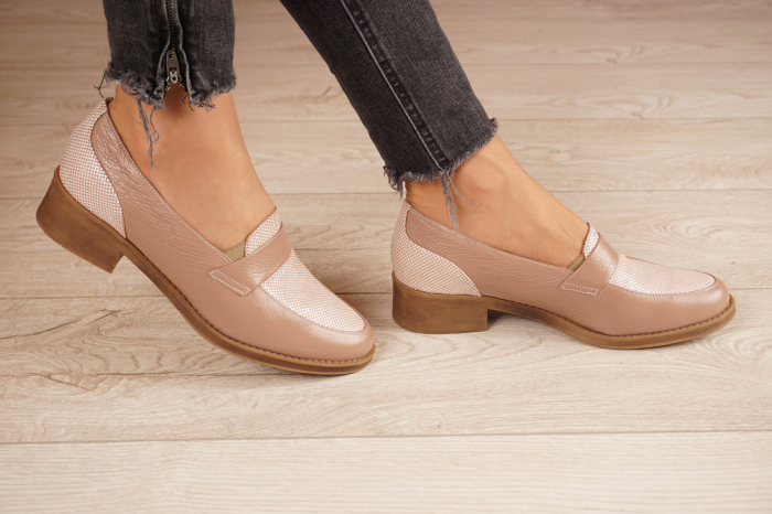 Pantofi dama casual loafers din piele naturala nude roze si cu imprimeu cu varf rotund si talpa 2 cm  58120-20 [4]