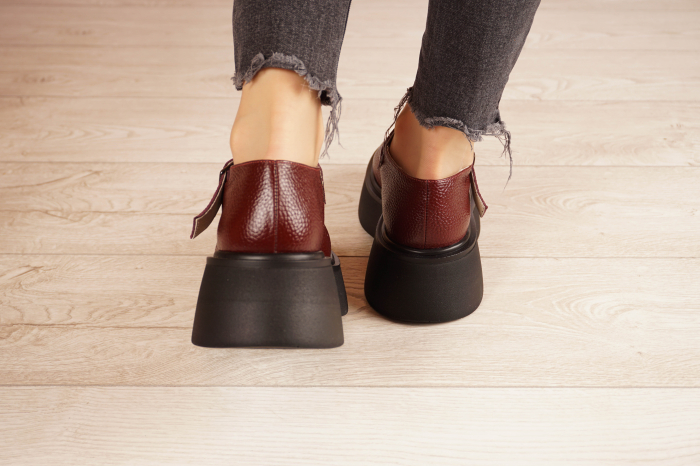 Pantofi dama casual din piele naturala visiniu bordo cu varf rotund si talpa 4 cm  51921-21 [5]