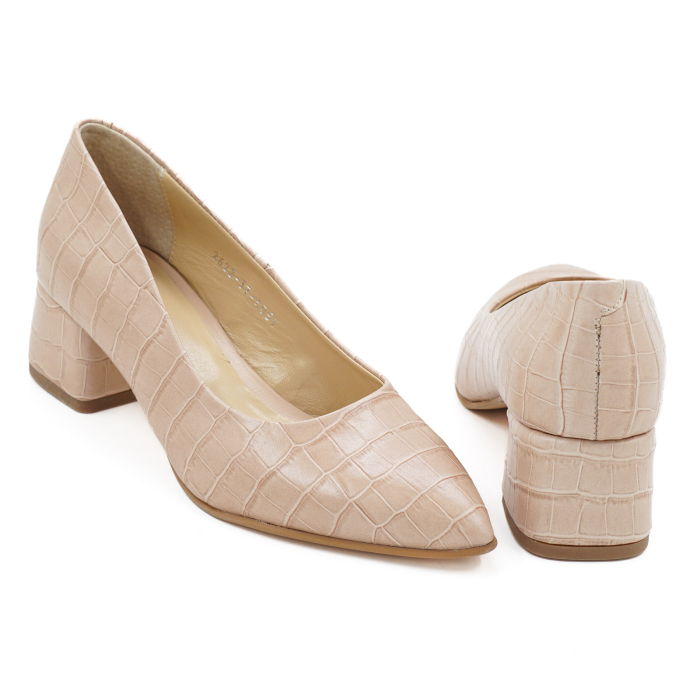 Pantofi dama din piele naturala croco bej, cu varf ascutit stiletto si toc mic gros imbracat de 4 cm 4057-7-26 [5]