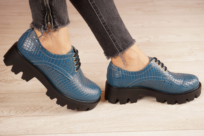 Pantofi dama casual din piele naturala croco mat albastru inchis cu varf rotund si talpa 3 cm 53017-1-21 [3]