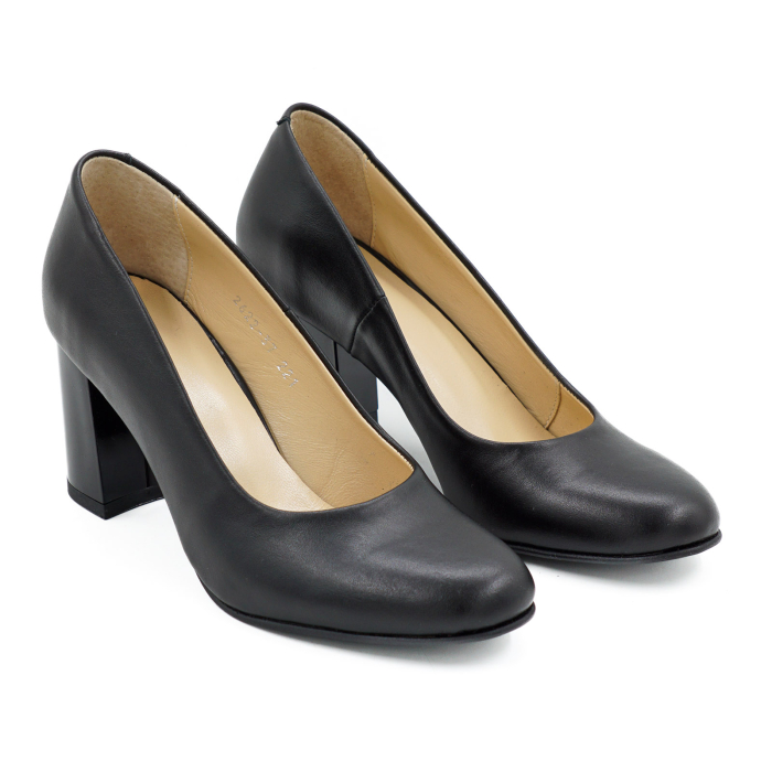 Pantofi dama din piele naturala neagra, cu varf rotund si toc mediu gros de 7 cm 0221-2-26 [3]