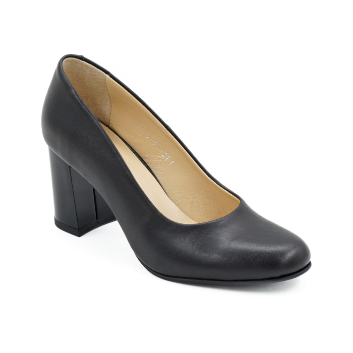 Pantofi dama din piele naturala neagra, cu varf rotund si toc mediu gros de 7 cm 0221-2-26 [2]