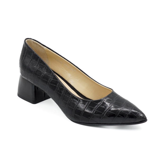 Pantofi dama din piele naturala croco negru, cu varf ascutit stiletto si toc mic gros de 4 cm 4057-6-26 [2]