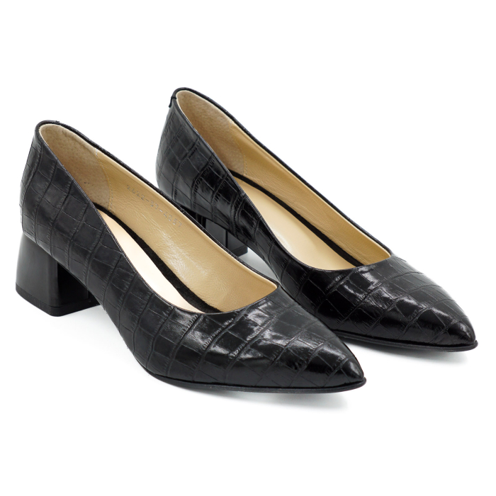Pantofi dama din piele naturala croco negru, cu varf ascutit stiletto si toc mic gros de 4 cm 4057-6-26 [3]