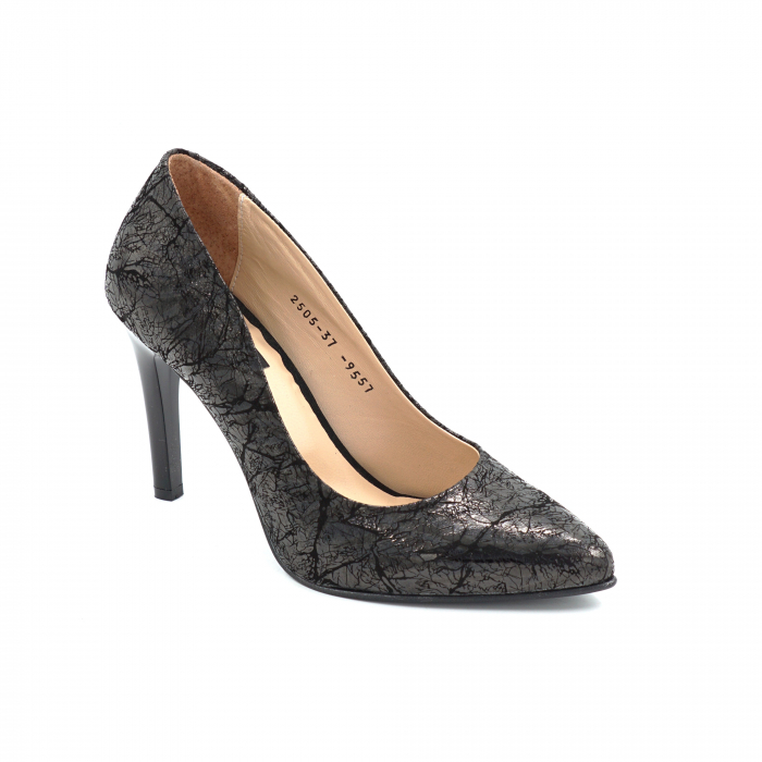 Pantofi dama din piele naturala cu imprimeu cu varf ascutit stiletto si toc inalt subtire 9 cm 9557-6-25 [2]