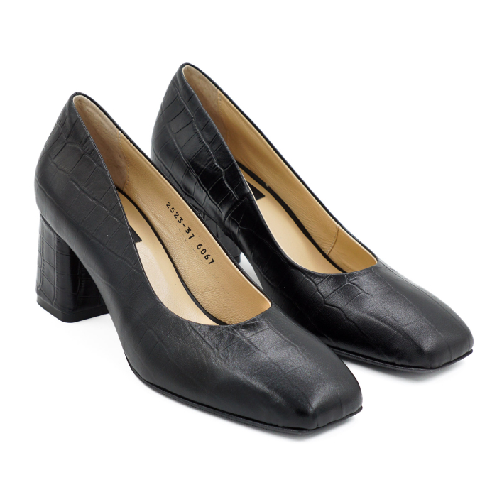 Pantofi dama din piele naturala croco negru mat, cu varf patrat si toc mic gros imbracat 6 cm 6067-26 [3]