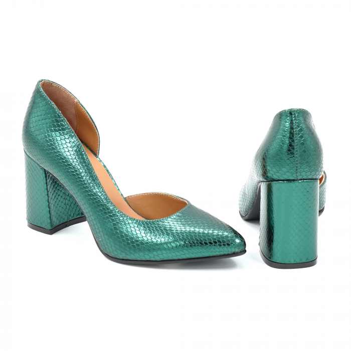 Pantofi dama din piele naturala  verde menta metalizat cu imprimeu sarpe cu varf ascutit stileto si toc mediu gros imbracat 8 cm  53024-25 [3]