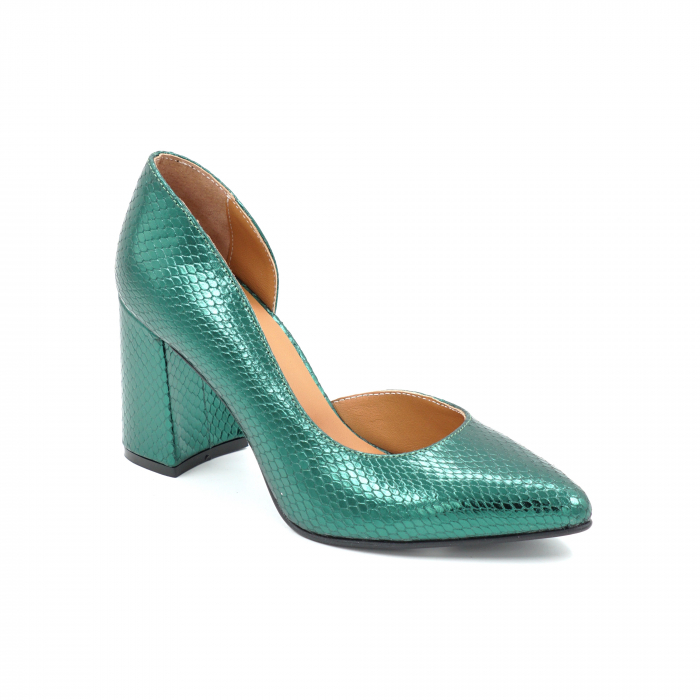 Pantofi dama din piele naturala  verde menta metalizat cu imprimeu sarpe cu varf ascutit stileto si toc mediu gros imbracat 8 cm  53024-25 [5]