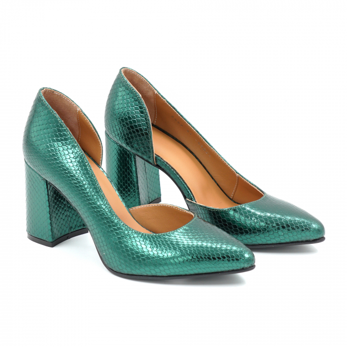 Pantofi dama din piele naturala  verde menta metalizat cu imprimeu sarpe cu varf ascutit stileto si toc mediu gros imbracat 8 cm  53024-25 [2]