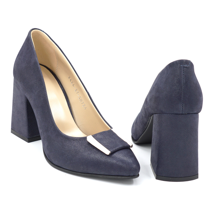 Pantofi dama din piele naturala bleumaren cu varf ascutit stiletto si toc mediu gros imbracat de 8 cm 50724-3-24 [3]