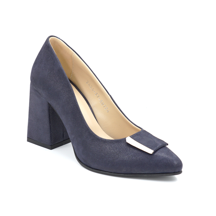 Pantofi dama din piele naturala bleumaren cu varf ascutit stiletto si toc mediu gros imbracat de 8 cm 50724-3-24 [5]