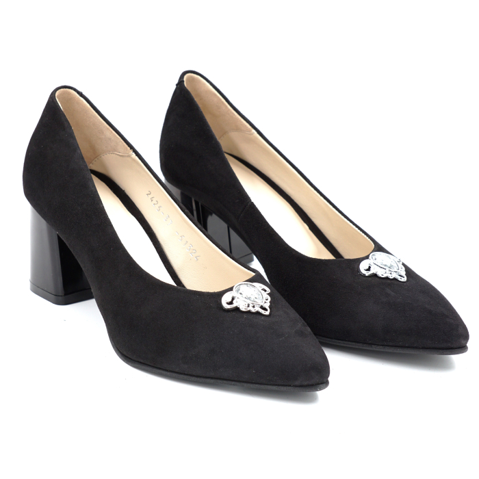 Pantofi dama din piele naturala intoarsa neagra cu varf ascutit stiletto si toc mic gros de 6 cm 51324-3-24 [2]